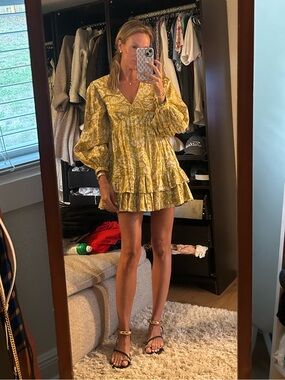 Maeve from Anthropologie Yellow Floral Long Sleeve Mini Dress
